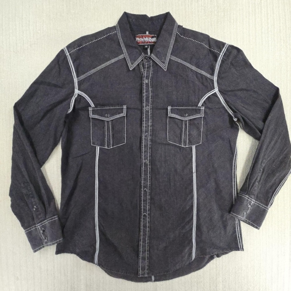 Rock & Roll Cowboy Shirt Mens XL Gray Denim Western Snap Long Sleeve Pockets
